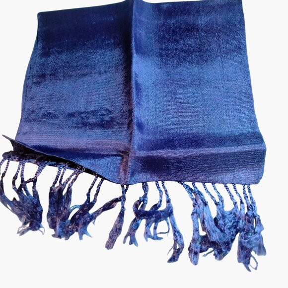 Blue Scarf Fringe 76 Long Lightweight Women Hand Spun Cotton Summer Festival - Picture 1 of 7